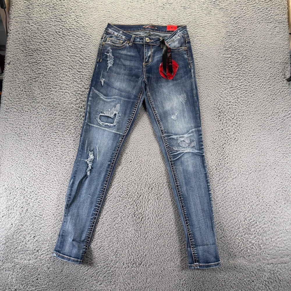 Elite Jeans Women's 8 Blue Cotton Denim Skinny Distressed Faded Travel Stretch